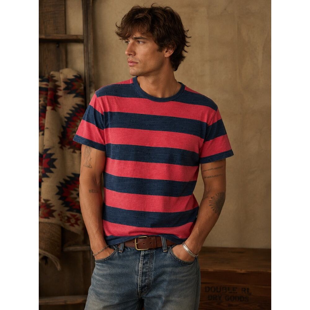 Ralph Lauren RRL Men’s T-Shirt Striped Double RL Vintage Cotton Pink Large